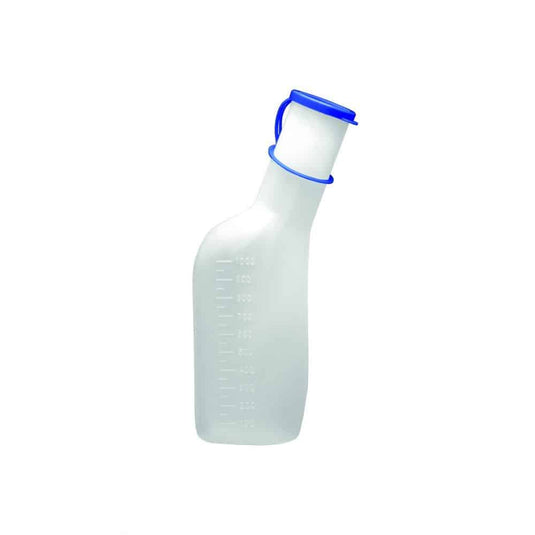 Butelka na mocz dla mężczyzn firmy Meditrade GmbH to przezroczysta butelka z tworzywa sztucznego z niebieską nakrętką i ergonomicznym uchwytem do przenoszenia. Ma pojemność 1000 ml, podziałkę po jednej stronie i charakteryzuje się łatwością obsługi. Uchwyt do butelki na mocz jest dostępny osobno.