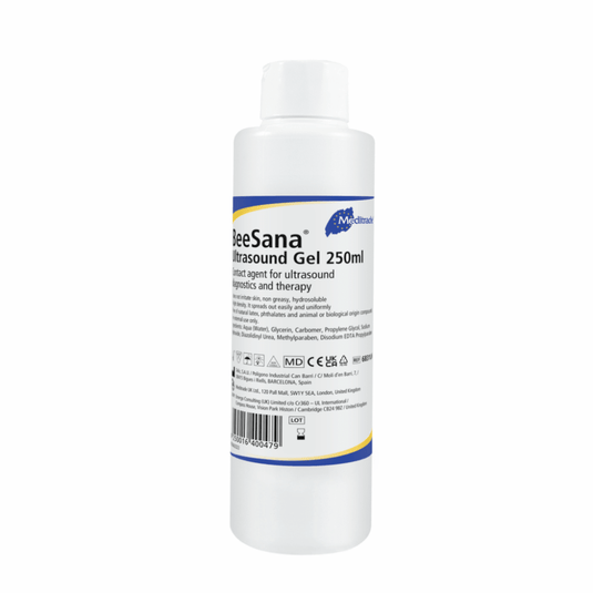 Butelka żelu do badań ultrasonograficznych Meditrade BeeSana® o pojemności 250 ml, przeznaczona do stosowania jako środek poślizgowy podczas badań ultrasonograficznych. Etykieta zawiera informacje o produkcie oraz symbole wskazujące na zgodność z przepisami prawnymi.