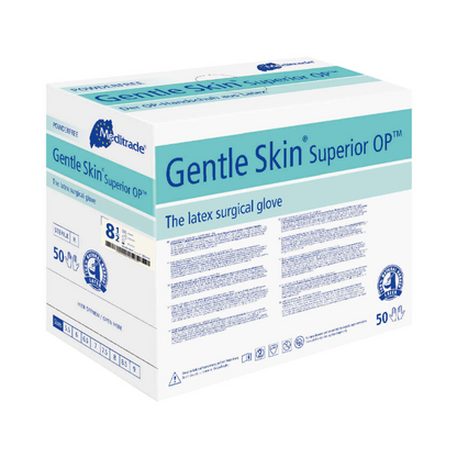 Pudełko rękawic chirurgicznych Meditrade Gentle Skin® Superior OP™ z lateksu, rozmiar 8,5, zawiera 50 par. Opakowanie jest głównie białe i niebieskie z szczegółowymi informacjami o produkcie. Te lateksowe rękawice chirurgiczne są marki Meditrade GmbH.