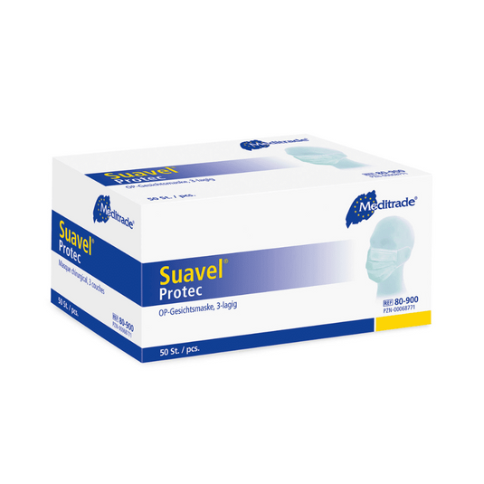 Prostokątne pudełko masek chirurgicznych Meditrade Suavel® Protec OP-Maske 50 sztuk. Pudełko jest głównie białe z niebieskimi detalami i przedstawia obraz osoby noszącej maskę. Zawiera 50 masek chirurgicznych (3-warstwowe) o wysokiej skuteczności filtracji bakteryjnej i jest oznaczone różnymi tekstami i logotypami Meditrade GmbH.