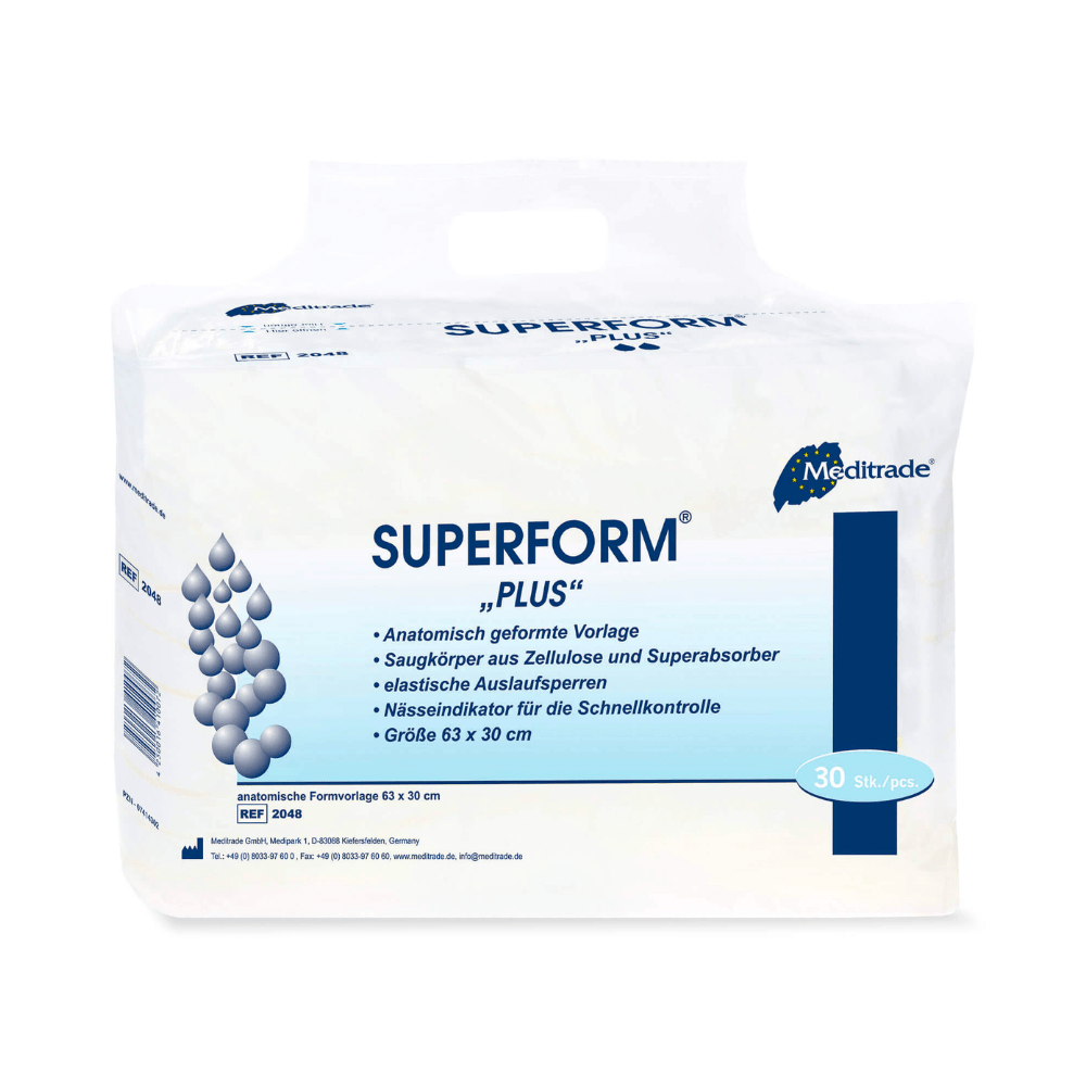 Opakowanie pieluch dla dorosłych Meditrade Superform® Plus zawierające 30 sztuk, opisane jako pieluchy o anatomicznym kształcie z szybko wchłaniającym materiałem celulozowym i technologią superabsorbentów, przedstawione na białym tle.