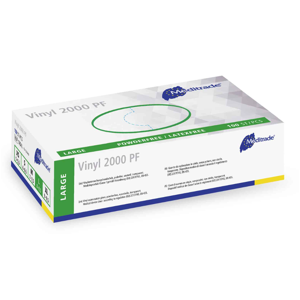 Pudełko jednorazowych rękawiczek Meditrade Vinyl 2000 PF z winylu, medyczne rękawiczki firmy Meditrade GmbH, zawiera 100 bezpudrowych i bez lateksowych rękawiczek winylowych, przedstawione na białym tle.