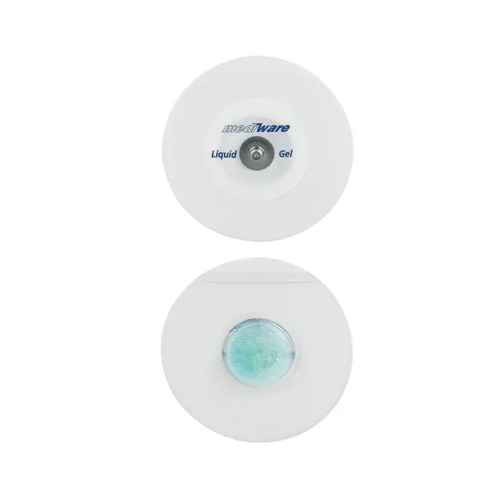 Obraz przedstawia dwie okrągłe elektrody z pianki. Górna elektroda ma napis „Servoprax GmbH”, co wskazuje na technologię Liquid-Gel. Dolna elektroda ma widoczne niebiesko-zielone centrum żelowe. Obie są przeznaczone do użytku medycznego i wyposażone w złącze na przycisk dla łatwego użycia.