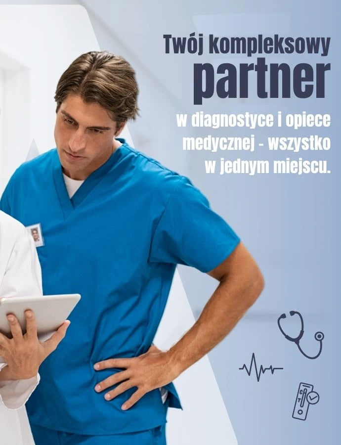 Trzech pracowników służby zdrowia stoi razem i patrzy na tablet, podczas gdy po prawej stronie widoczna jest sekcja reklamowa z symbolami medycznymi.