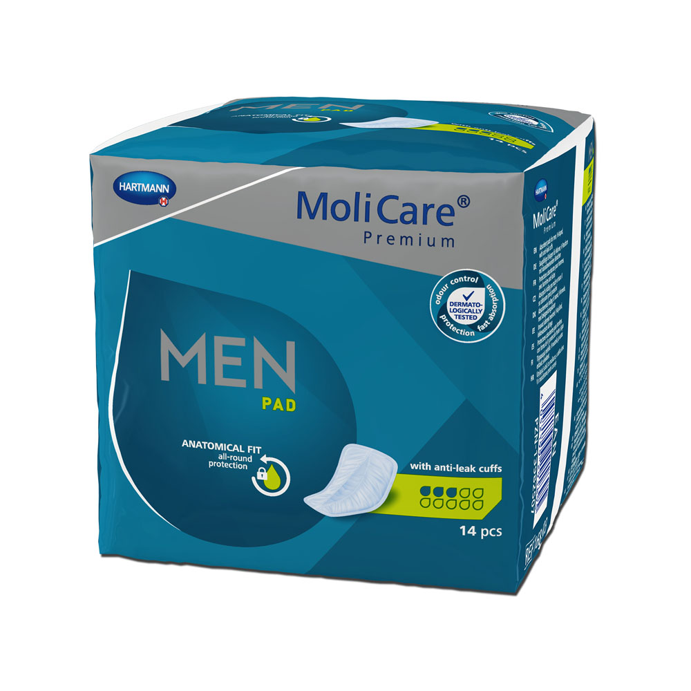 Pudełko z wkładkami Hartmann MoliCare® Premium MEN PAD - 14 sztuk, z anatomicznym dopasowaniem i antywyciekowymi mankietami. Opakowanie jest głównie niebieskie i zawiera informacje o produkcie i zdjęcia.