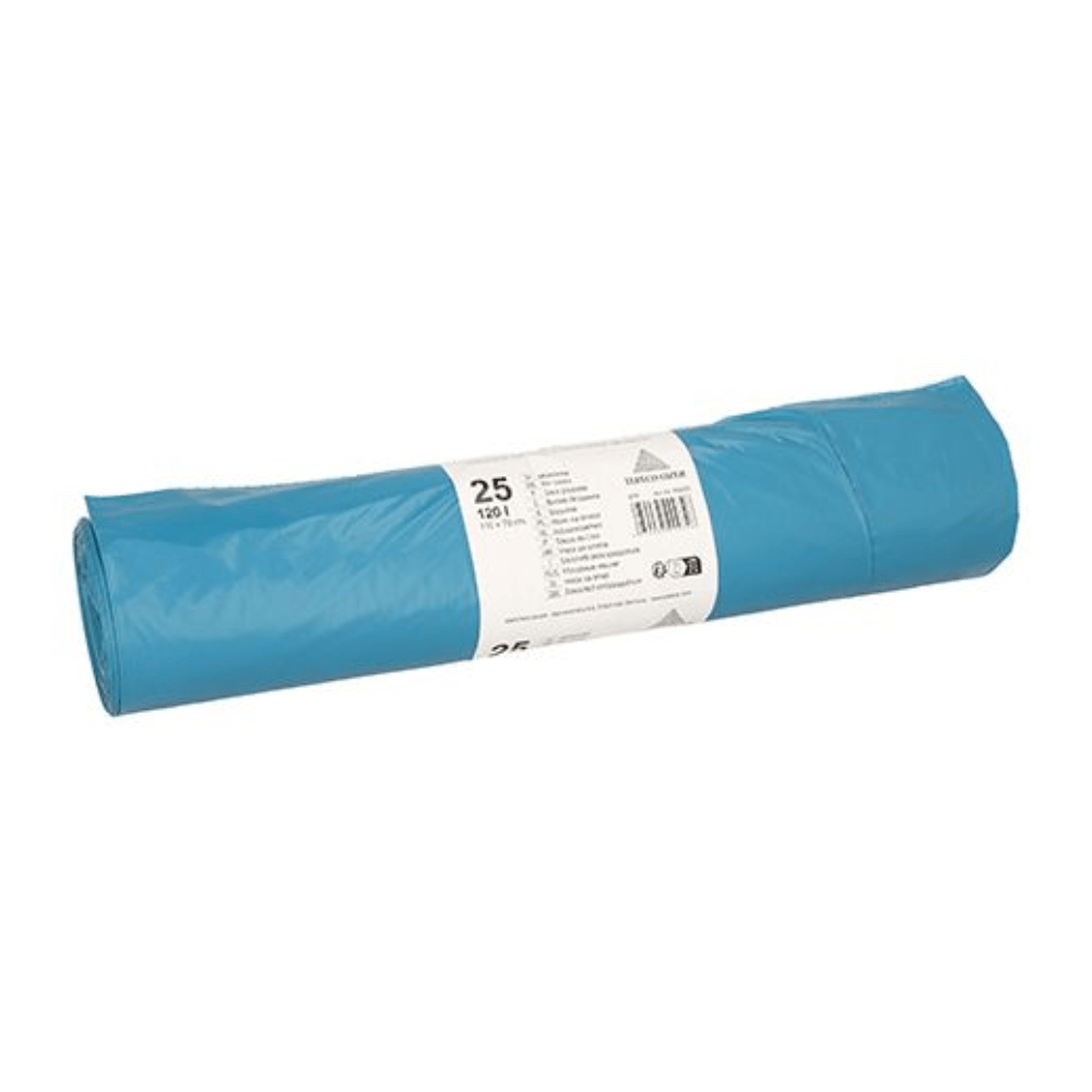 Rolka z 25 workami na śmieci Papstar o pojemności 120 litrów każdy i wymiarach 110 cm x 70 cm w kolorze niebieskim jest owinięta białą etykietą z informacjami o produkcie i brandingiem T-G (PS). Wydaje się, że worki są wykonane z tworzywa sztucznego.