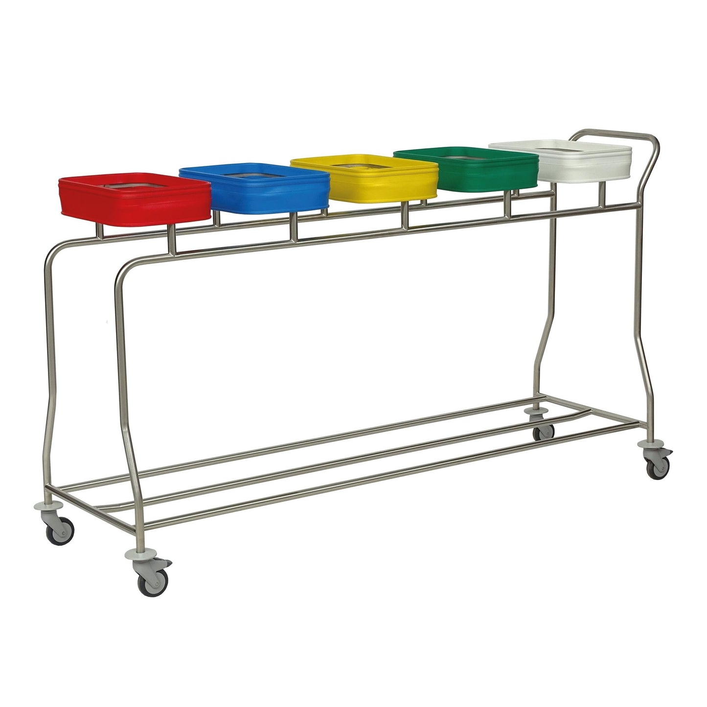 Novocal stal nierdzewna kosz na pranie "Kompakt plus" to oszczędzający miejsce wózek z pięcioma pojemnikami, z pięcioma kolorowymi pokrywkami, czterema kółkami i uchwytem do wygodnego transportu.