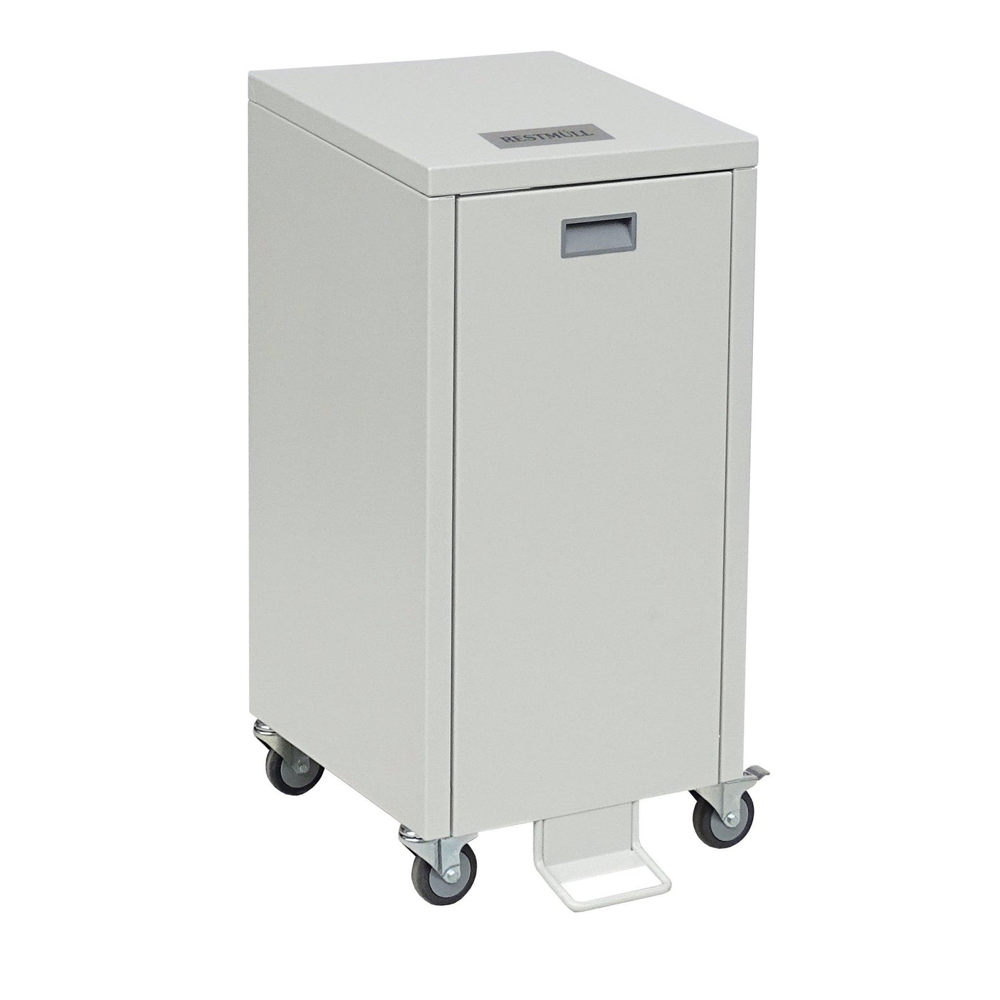 Der Novocal Wertstoffschrank Serie 3000 Einfachsammler ist ein rechteckiger, hellgrauer Stahlbehälter mit Fußpedal, Frontgriff und vier Lenkrollen. Er verfügt über ein kleines rechteckiges Etikett auf der Oberseite.