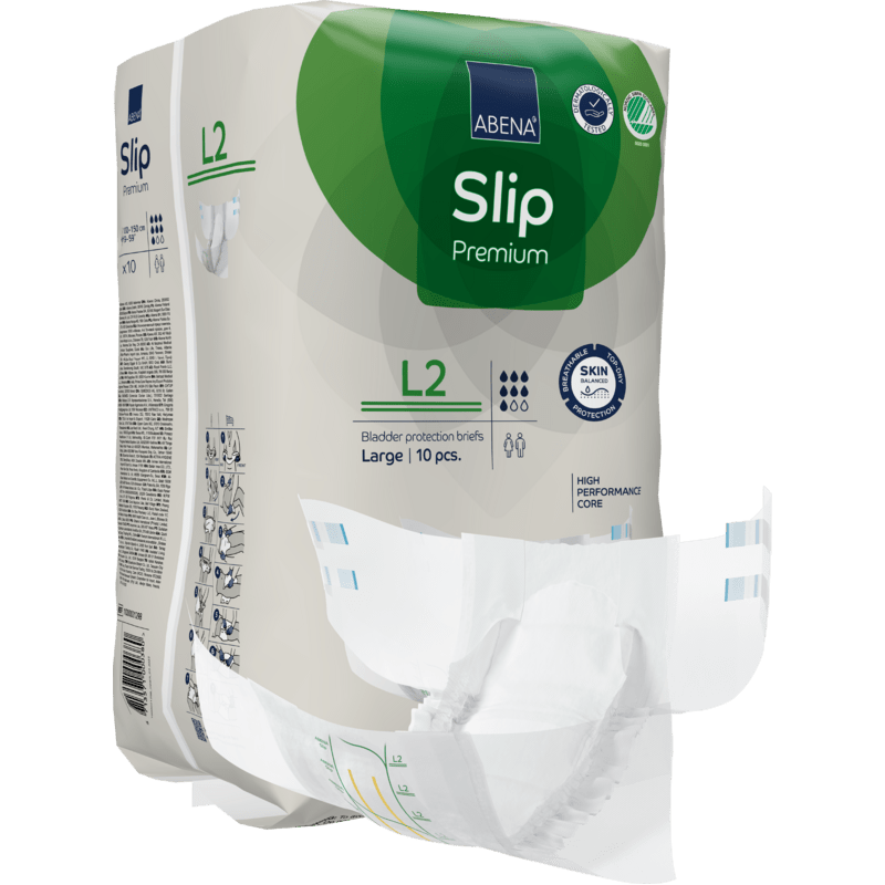 Opakowanie majtek inkontynencyjnych ABENA Slip Premium od Abena Re-Seller GmbH, rozmiar duży (L2), zawiera 10 sztuk. Jeden z majtek jest częściowo wyjęty z opakowania, aby pokazać swój design i podszewkę wewnętrzną.
