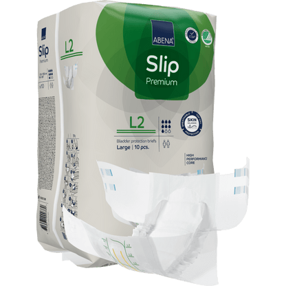 Opakowanie majtek inkontynencyjnych ABENA Slip Premium od Abena Re-Seller GmbH, rozmiar duży (L2), zawiera 10 sztuk. Jeden z majtek jest częściowo wyjęty z opakowania, aby pokazać swój design i podszewkę wewnętrzną.