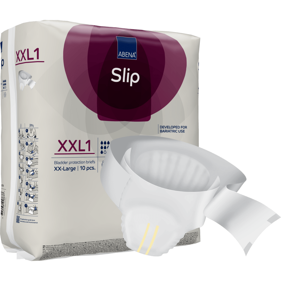 Opakowanie z napisem "ABENA Slip Premium" firmy Abena Re-Seller GmbH pokazuje jednorazowy slip inkontynencyjny do skutecznej opieki, charakteryzujący się chłonnym środkiem, bezpiecznymi zapięciami na rzepy i konstrukcją odpowiednią dla użytku bariatrycznego.