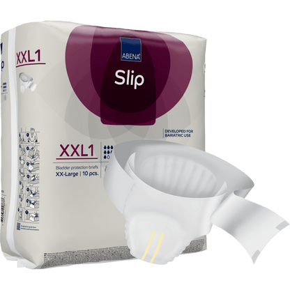 Opakowanie z napisem "ABENA Slip Premium" firmy Abena Re-Seller GmbH pokazuje jednorazowy slip inkontynencyjny do skutecznej opieki, charakteryzujący się chłonnym środkiem, bezpiecznymi zapięciami na rzepy i konstrukcją odpowiednią dla użytku bariatrycznego.