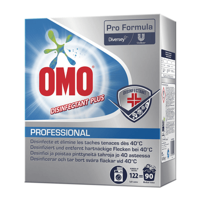 Wystawiono opakowanie Omo Professional Disinfectant Plus, środka do dezynfekcji prania (8550 g) od Diversey Deutschland GmbH & Co. OHG. Opakowanie podkreśla skuteczność w usuwaniu uporczywych plam w temperaturze 40 °C i zawiera loga Unilever i Diversey oraz instrukcje użytkowania.