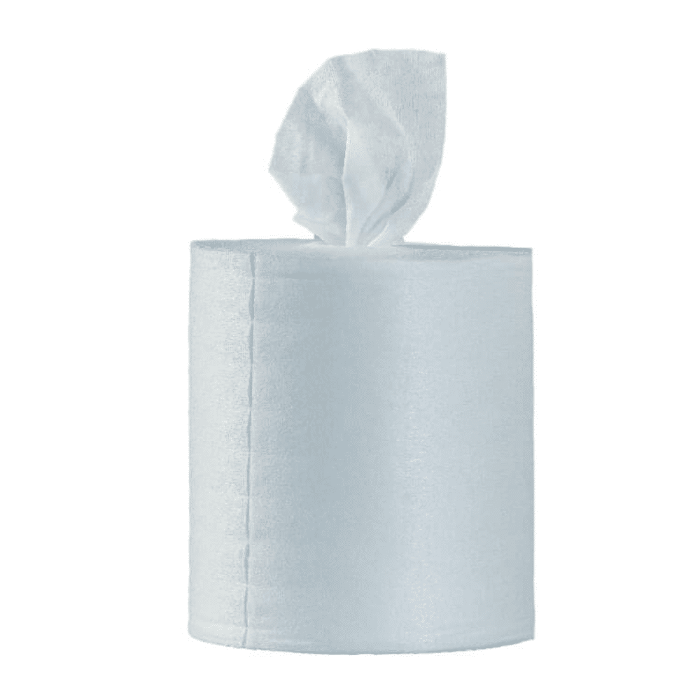 Rolka wilgotnych chusteczek dezynfekujących Optimum11 BestWipes z jednym, częściowo rozwiniętym od góry arkuszem elegancko leży na prostym, białym tle. Nieskazitelna biała barwa podkreśla czystość i higienę, czyniąc je idealnym wyborem do utrzymania higieny.