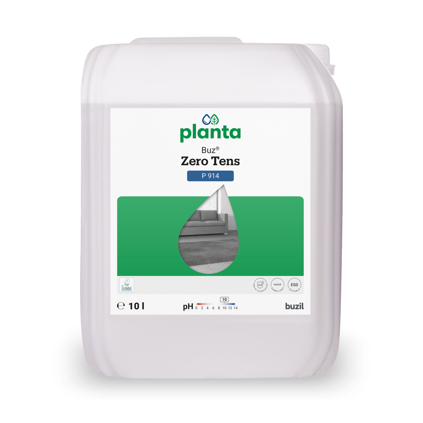 Biały 10-litrowy pojemnik z tworzywa sztucznego z napisem "Buz® Zero Tens Universalreiniger farblos" firmy BUZIL-WERK Wagner GmbH & Co. KG z zielonymi akcentami, grafiką kropelek, symbolami czyszczenia, wartością pH 7,5-8,4 - skuteczny uniwersalny środek czyszczący do wielu zastosowań.