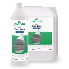 Zwei Gebinde des Buz® Zero Tens Universalreiniger farblos der BUZIL-WERK Wagner GmbH & Co. KG gezeigt - eine 1-Liter-Flasche und ein größerer Kanister, beide mit grün-weißen Etiketten, die ein sauberes Wohnzimmermotiv zeigen.