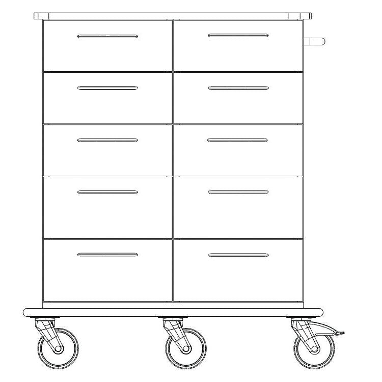 Widok z przodu rysunku konturowego wózka opiekuńczego i roboczego Novocal z ośmioma szufladami, płaską płytą, bocznym uchwytem i czterema kółkami obrotowymi na ciągłej ramie transportowej z pełnego tworzywa sztucznego. Marka: Novocal. Opakowanie: 1 sztuka.