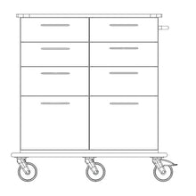 Schwarz-weiße Strichzeichnung des Novocal Pflege- und Arbeitswagens tell, mit sechs Schubladen, vier Rädern, seitlichen Griffen, rechteckigen Griffen und einer durchgehenden Vollkunststoffplatte auf der Oberseite. Marke: Novocal.