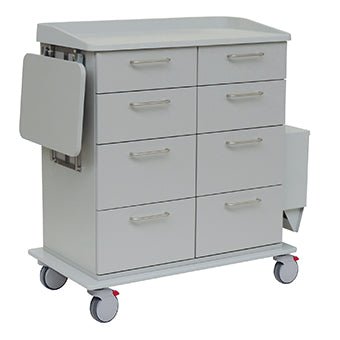 Wózek pielęgnacyjno-roboczy Novocal jest wyposażony w wytrzymały pełny plastik, osiem szuflad, rozkładaną półkę boczną, boczną kieszeń i cztery kółka skrętne (dwa z czerwonymi hamulcami) - idealny do efektywnego przechowywania materiałów medycznych.