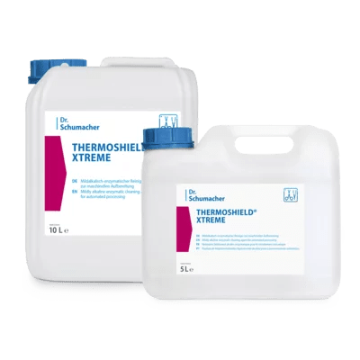 Dwa białe plastikowe pojemniki Dr. Schumacher THERMOSHIELD® XTREME firmy Dr. Schumacher GmbH, jeden o pojemności 10L i 5L, są pokazane obok siebie, z niebieskimi nakrętkami i etykietami zawierającymi nazwę produktu i informacje o ochronie powierzchni.