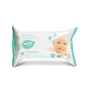 Opakowanie chusteczek Dr. Schumacher CAREZONE BABYWIPES SENSITIVE (80 sztuk) firmy Dr. Schumacher GmbH z białym i niebiesko-zielonym designem, uśmiechniętą twarzą dziecka oraz dwujęzycznym tekstem w języku niemieckim i angielskim, idealne dla wrażliwej skóry dziecka.