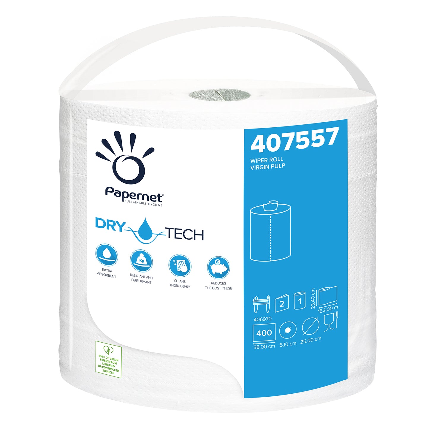 Rolka Papernet papieru przemysłowego 407557 od Sofidel Germany GmbH wyróżnia się technologią „Dry Tech“ na opakowaniu. Jest oznaczona symbolami recyklingu i zawiera 400 arkuszy, co zapewnia efektywność i zrównoważony rozwój. Biała rolka ma wymiary 380 cm x 51,0 cm x 25,0 cm, co czyni ją idealnym wyborem do zastosowań przemysłowych.