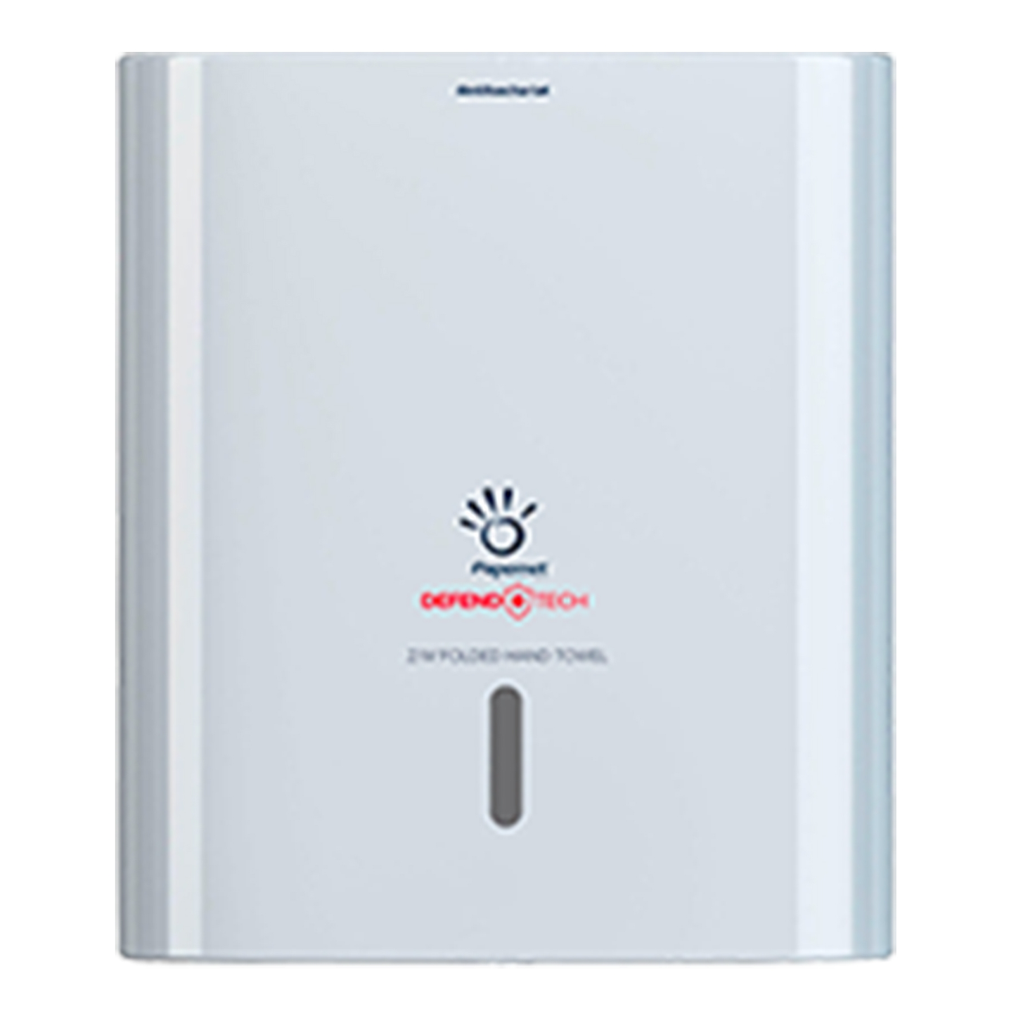 Błyszczący, biały dozownik ręczników papierowych marki Sofidel Germany GmbH z czerwonym „DEFEND TECH Z-Folded Hand Towel“ obok logo z odciskiem dłoni. Projekt technologii DEFEND TECH posiada pionowy, przezroczysty szczelinę do łatwego monitorowania poziomu ręczników, co czyni go idealnym do Papernet ręczników składanych. Nazwa produktu: Papernet Antybakteryjny dozownik do ręczników składanych Z/W z technologią Defend Tech | Karton (1 opakowanie).