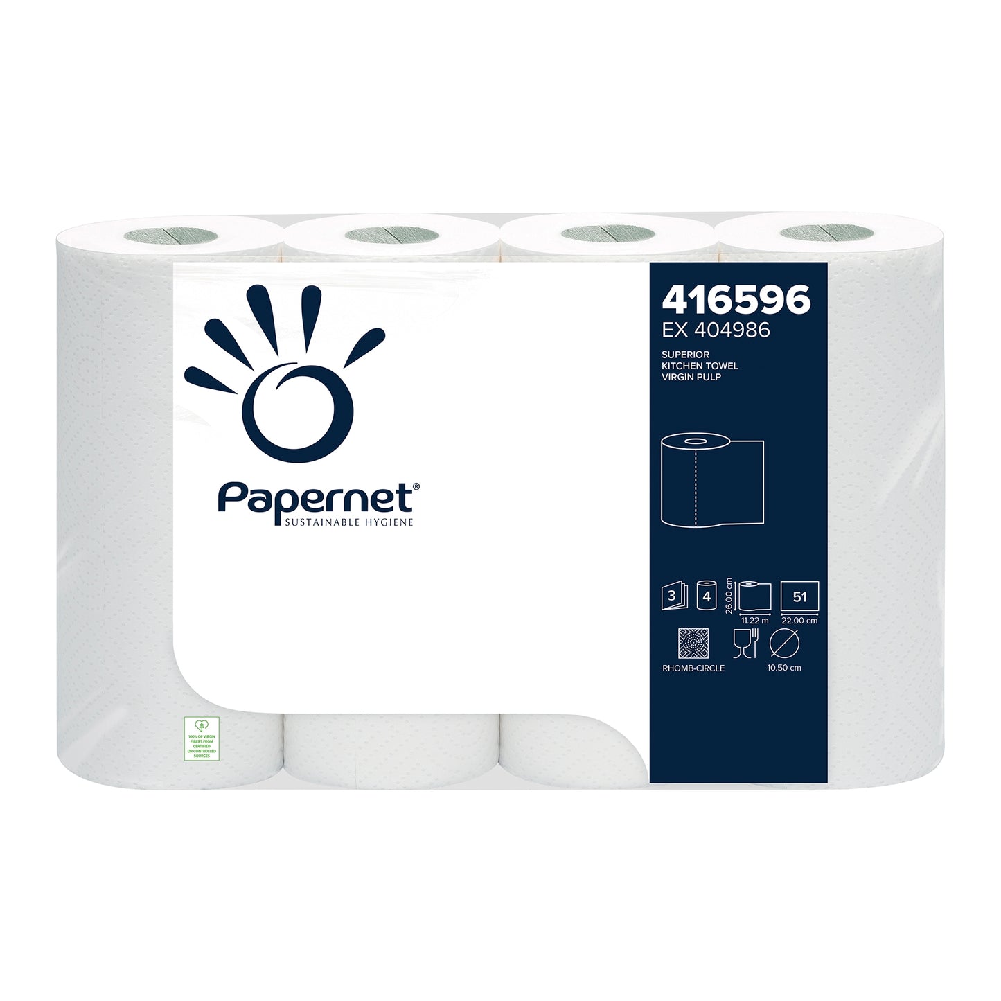 Opakowanie Papernet ręczników kuchennych od Sofidel Germany GmbH prezentuje swój design „Sustainable Hygiene”. Opakowanie zawiera sześć rolek 3-warstwowych ręczników kuchennych, każdy nadaje się do suszenia rąk i jest wykonany z wysokiej jakości celulozy. Jest oznaczone kodem produktu „416596 EX 404986” i posiada symbol wskazujący 51 metrów na rolkę.