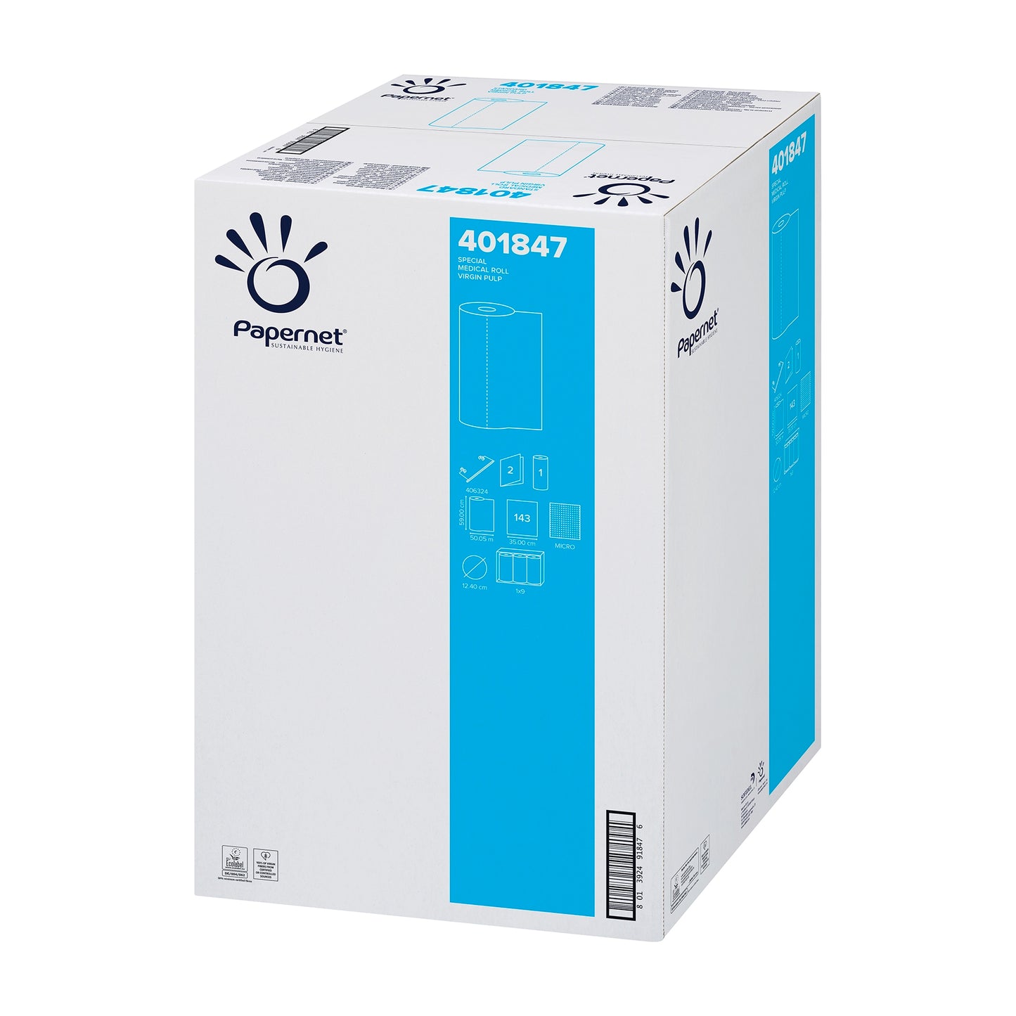 Duże białe pudełko z niebieskimi akcentami zawiera logo firmy Sofidel Germany GmbH oraz numer produktu 401847. Opakowanie, ozdobione zdjęciami i opisami, zdradza swoją zawartość: Papernet Pokrowiec na leżankę – rolka medyczna, dwuwarstwowy produkt papierowy z celulozy, idealnie nadający się do zastosowań takich jak pokrowce na leżanki medyczne lub pokrowce na stoły do badań. Każde opakowanie zawiera 9 rolek.