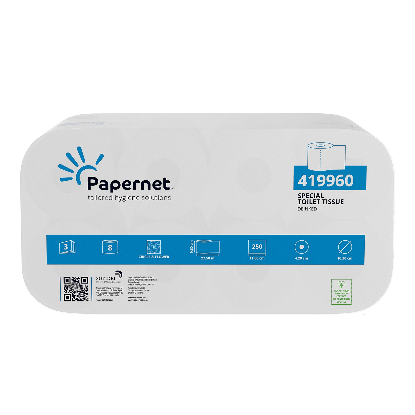 Opakowanie dla Papernet papieru toaletowego 419960, 3-warstwowe | Opakowanie (8 rolek) od Sofidel Germany GmbH jest prezentowane z logo marki i numerem produktu. Zawiera szczegóły takie jak 3-warstwowe, 8 rolek na opakowanie i 250 arkuszy na rolkę. Ponadto posiada kod QR i symbole certyfikacji, które wskazują na jakość jako papier z recyklingu (odbarwiony papier).