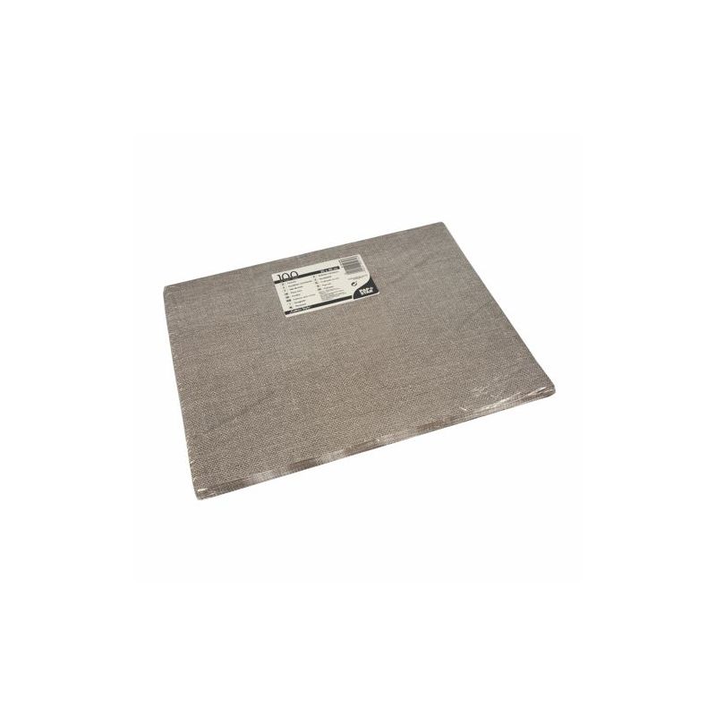 Prostokątny arkusz PAPSTAR 100 papierowych podkładek stołowych (30 x 40 cm) od PAPSTAR GmbH leży płasko, częściowo owinięty przezroczystą folią z biało-czarną etykietą na środku - idealny do ekologicznie nakrytego stołu.