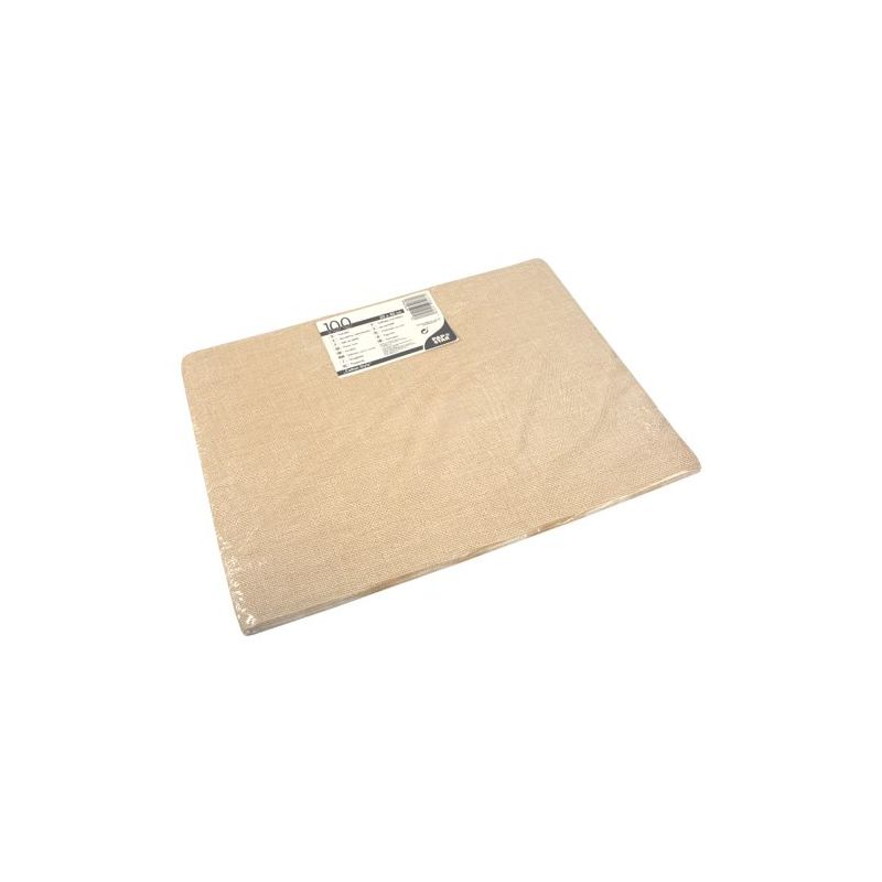 Prostokątny stos PAPSTAR 100 podkładek stołowych, papier 30 x 40 cm od PAPSTAR GmbH, jest owinięty przezroczystym plastikiem i opatrzony białą i czarną etykietą. Tło jest jednolicie białe.
