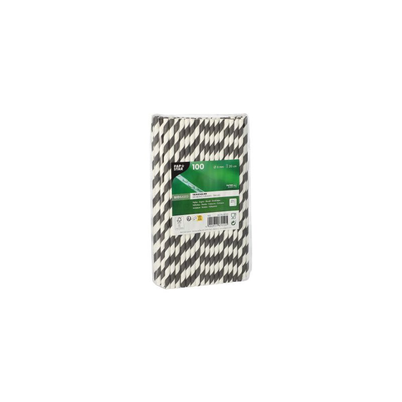 Opakowanie 100 sztuk słomek papierowych PAPSTAR GmbH, Ø 6 mm, stoi pionowo z zielono-białą etykietą, która na przedniej stronie zawiera informacje o produkcie.