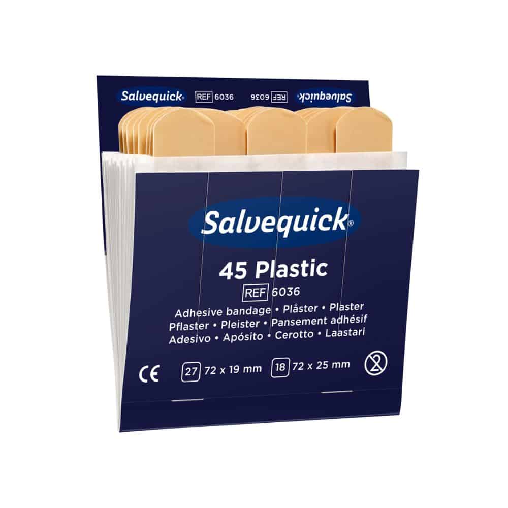 Pudełko plastrów Holthaus Medical Salvequick® Wkład uzupełniający Plastik od Holthaus Medical GmbH & Co. KG ma nadruk „45 Plastik“ i zawiera 45 plastrów z tworzywa sztucznego w dwóch rozmiarach: 27 sztuk à 72 x 19 mm i 18 sztuk à 72 x 25 mm. Niebiesko-białe pudełko zawiera tekst w różnych językach, dzięki czemu doskonale nadaje się jako wkład uzupełniający Salvequick.