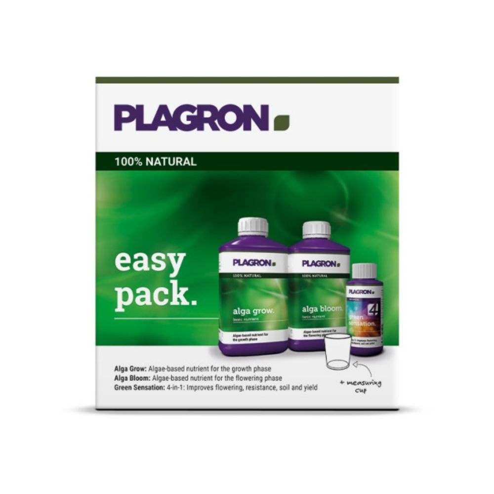Plagron Easy Pack Natural od Bertels B.V. zawiera trzy butelki z zielonymi i fioletowymi etykietami dla „Alga Grow” i „Alga Bloom” oraz mały miarka. Używa organicznych nawozów bazowych, co zapewnia precyzyjne odżywianie roślin w kompaktowym opakowaniu.