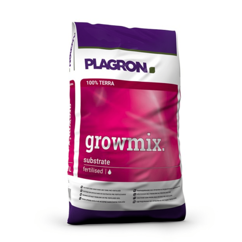 Plagron Growmix z perlitem od Bertels B.V. jest prezentowany w unikalnym fioletowo-różowym designie z wyraźnym białym tekstem. Składa się w 100% z Terra, wzbogaconego o humus dżdżownicowy dla lepszej przepuszczalności powietrza, a logo marki jest wyraźnie widoczne na górze.