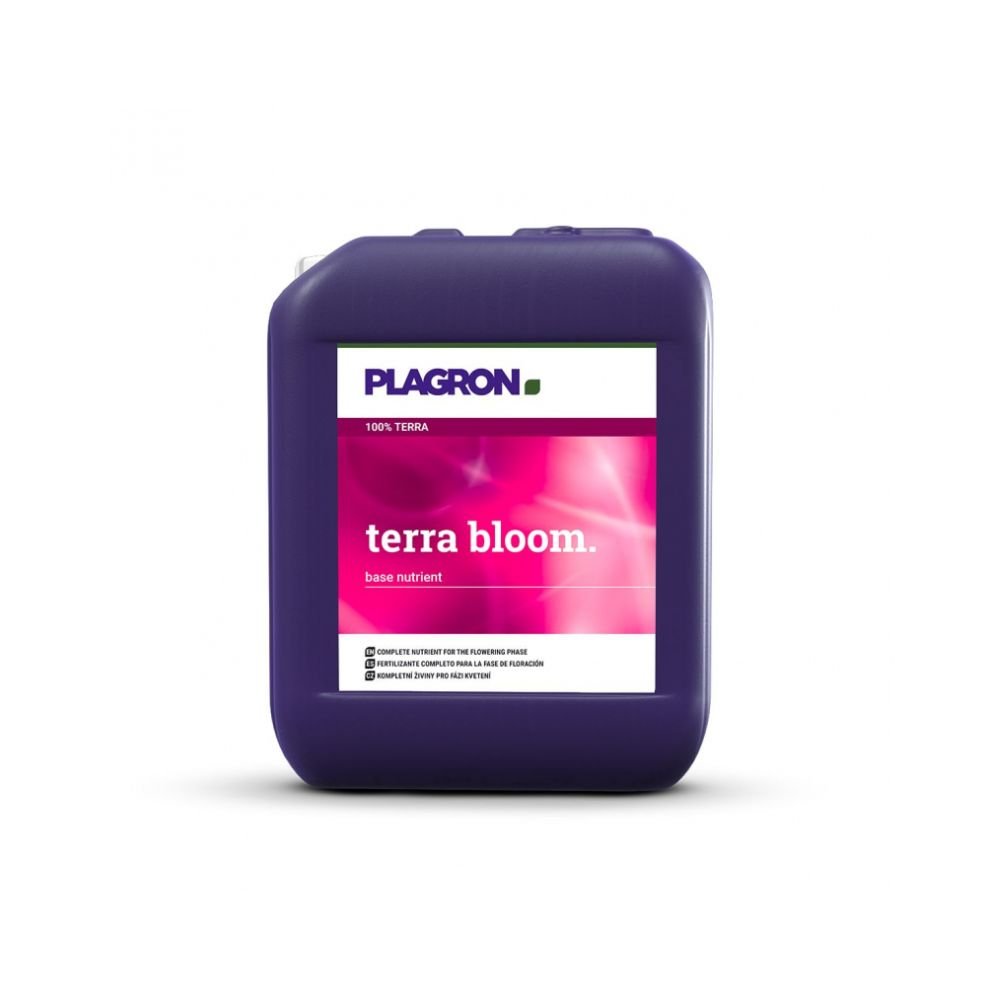 Fioletowy pojemnik z napisem „Plagron Terra Bloom” od Bertels B.V. to nawóz do kwitnienia z różowo-białą etykietą, używany jako podstawowy składnik odżywczy do wspierania optymalnego kwitnienia dla intensywnego wzrostu roślin.