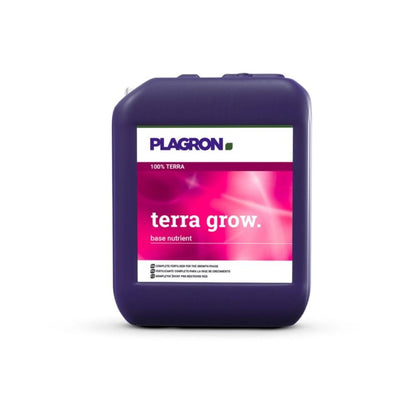 Fioletowy pojemnik z Plagron Terra Grow od Bertels B.V. jest prezentowany z białą etykietą i różową sekcją, co podkreśla jego rolę w promowaniu szybszego wzrostu roślin podczas fazy wzrostu.