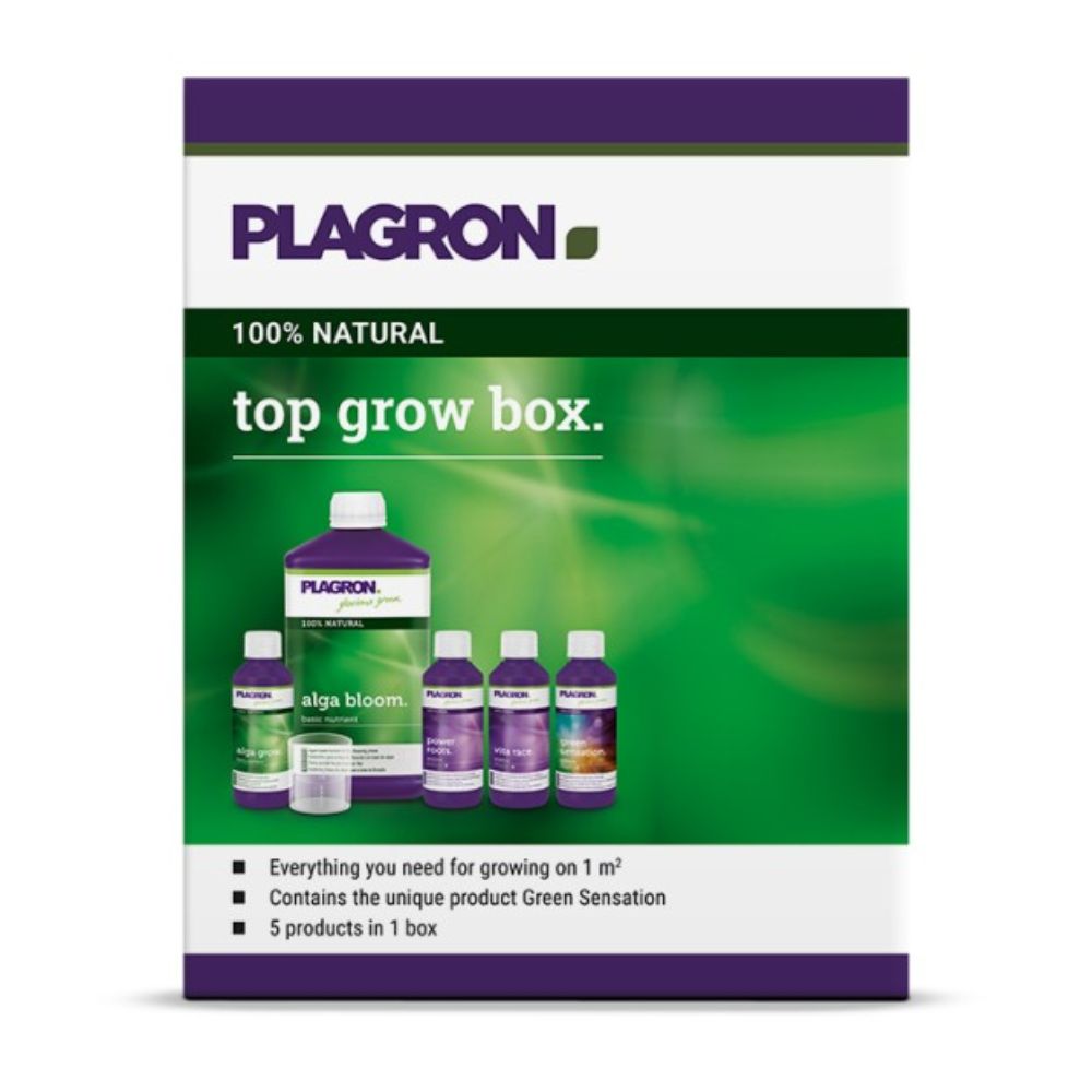 Plagron Top Grow Box 100% Natural firmy Bertels B.V. ma zielono-fioletowy design, zawiera pięć butelek w tym „Alga Bloom”, opiera się na naturalnych składnikach, wspiera wzrost na powierzchni ponad 1 m² i oferuje doskonałe nawozy biologiczne dla pełnego zaopatrzenia w składniki odżywcze.