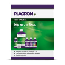 Plagron Top Grow Box 100% Natural firmy Bertels B.V. ma zielono-fioletowy design, zawiera pięć butelek w tym „Alga Bloom”, opiera się na naturalnych składnikach, wspiera wzrost na powierzchni ponad 1 m² i oferuje doskonałe nawozy biologiczne dla pełnego zaopatrzenia w składniki odżywcze.