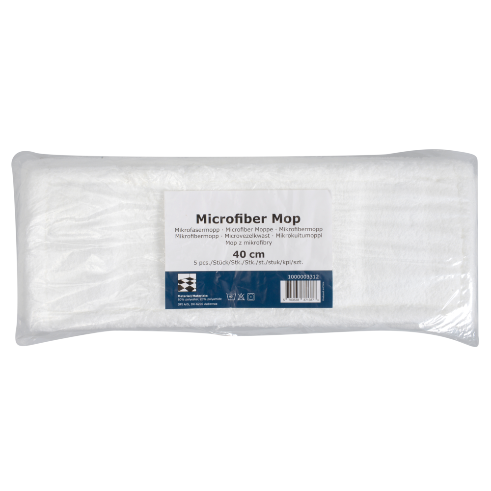 Abena Re-Seller GmbH Mikrofasermopp Standard, Biały, to prostokątne opakowanie uzupełniające o wymiarach 40 cm z niebiesko-białą etykietą - idealne do zrównoważonego czyszczenia.