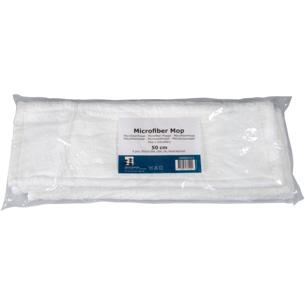 Na zdjęciu przedstawiony jest zapakowany Mikrofasermopp Standard, Biały firmy Abena Re-Seller GmbH o długości 50 cm w przezroczystej plastikowej osłonie z etykietą produktu zawierającą nazwę, rozmiar i informacje o zrównoważonym czyszczeniu.