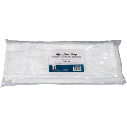 Na zdjęciu przedstawiony jest zapakowany Mikrofasermopp Standard, Biały firmy Abena Re-Seller GmbH o długości 50 cm w przezroczystej plastikowej osłonie z etykietą produktu zawierającą nazwę, rozmiar i informacje o zrównoważonym czyszczeniu.