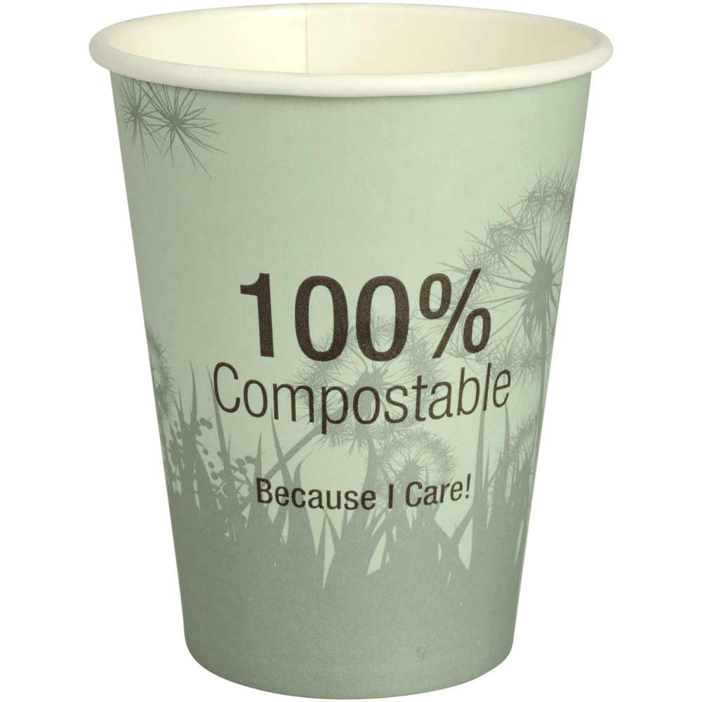 Kubek do kawy Kompostierbar "Dandelion" od Abena Re-Seller GmbH to zielony kubek z nadrukiem "100% Compostable Because I Care!" i subtelnym motywem dmuchawca w tle.