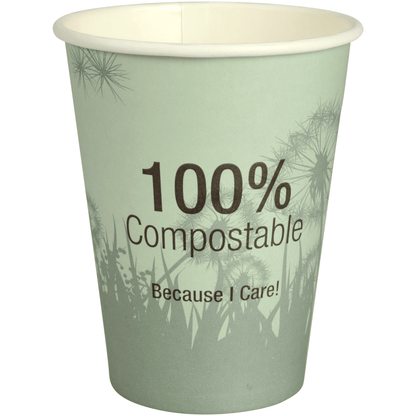 Kubek do kawy Kompostierbar "Dandelion" od Abena Re-Seller GmbH to zielony kubek z napisem "100% Compostable Because I Care!" i motywem roślin i dmuchawca w tle.