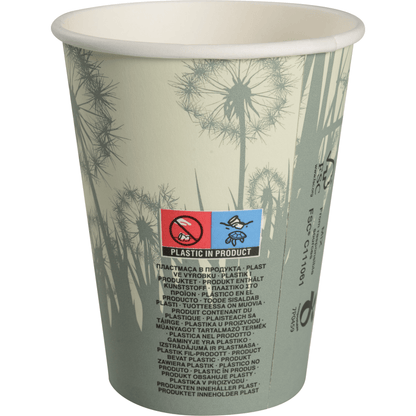 Kubek do kawy Kompostierbar "Löwenzahn" od Abena Re-Seller GmbH to papierowy kubek z jasnozielonym motywem dmuchawca; na etykiecie znajdują się "Plastik w produkcie" i symbole wskazujące, że nie jest kompostowalny ani ekologiczny.
