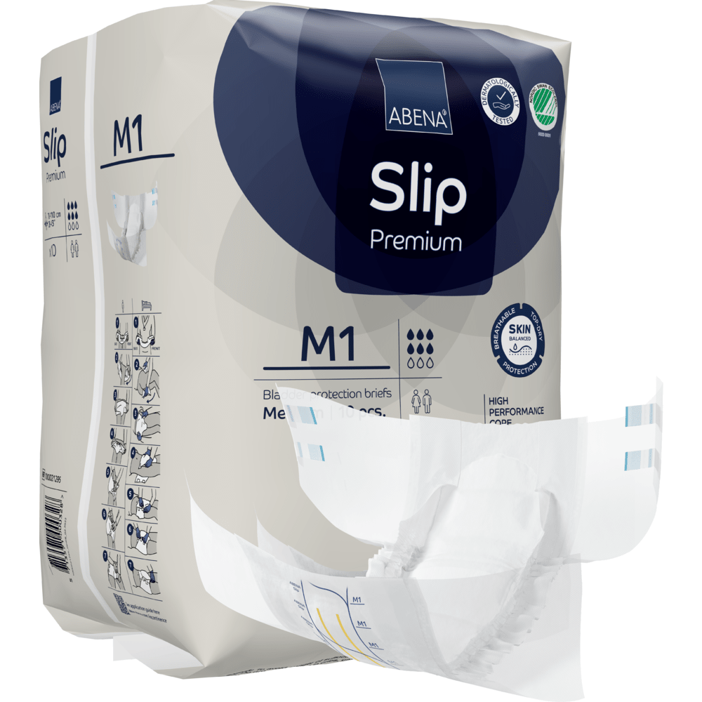 Pokazane jest opakowanie ABENA Slip Premium firmy Abena Re-Seller GmbH, z którego częściowo usunięto slip, aby pokazać projekt. Opakowanie podkreśla szczegóły produktu i ikony dla najważniejszych cech.