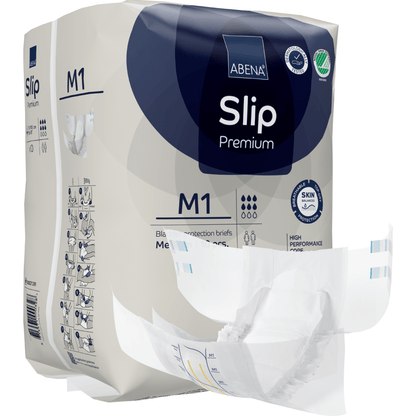 Pokazane jest opakowanie ABENA Slip Premium firmy Abena Re-Seller GmbH, z którego częściowo usunięto slip, aby pokazać projekt. Opakowanie podkreśla szczegóły produktu i ikony dla najważniejszych cech.