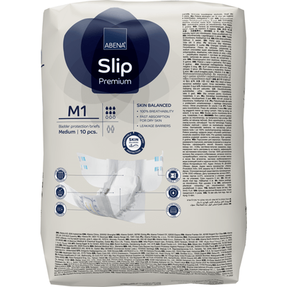 Opakowanie ABENA Slip Premium firmy Abena Re-Seller GmbH, rozmiar średni, 10 sztuk. Zaprojektowane dla opieki inkontynencyjnej z wielojęzycznym opakowaniem zawierającym cechy, certyfikaty i instrukcje użytkowania.