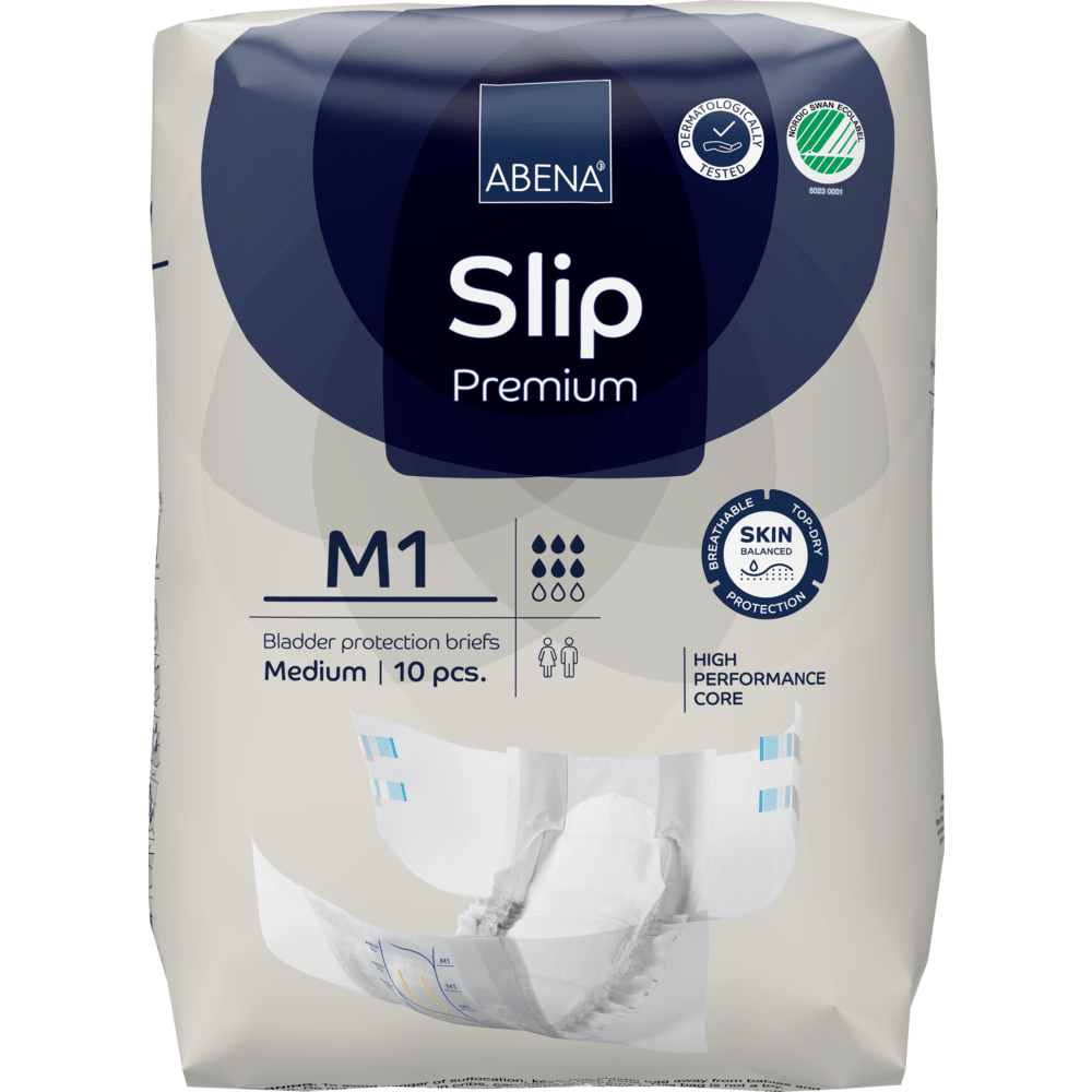 ABENA Slip Premium firmy Abena Re-Seller GmbH, rozmiar średni, opakowanie 10 sztuk. Zaprojektowane dla opieki inkontynencyjnej z wysokowydajnym rdzeniem i zaawansowaną ochroną skóry, jak podano na opakowaniu.